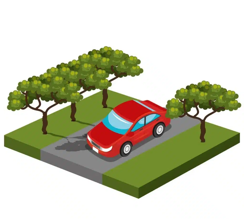 Ilustração automóvel vermelho trafegando em rua arborizada